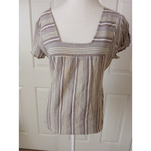 Columbia Womens Blouse Top Brown Yellow Striped‎ Sucker Peasant Size Medium - Picture 1 of 14